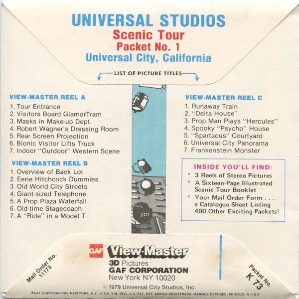 Universal Studios Scenic Tour - View-Master 3 Reel Packet - 1970s Views - Vintage - (zur Kleinsmiede) - (K73-G6nk) For Sale